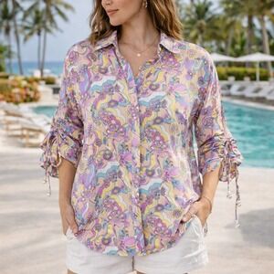 La Porte Swirl Buttondown Shirt Pastel Floral Cinch Sleeve Linen XS NWT Resort